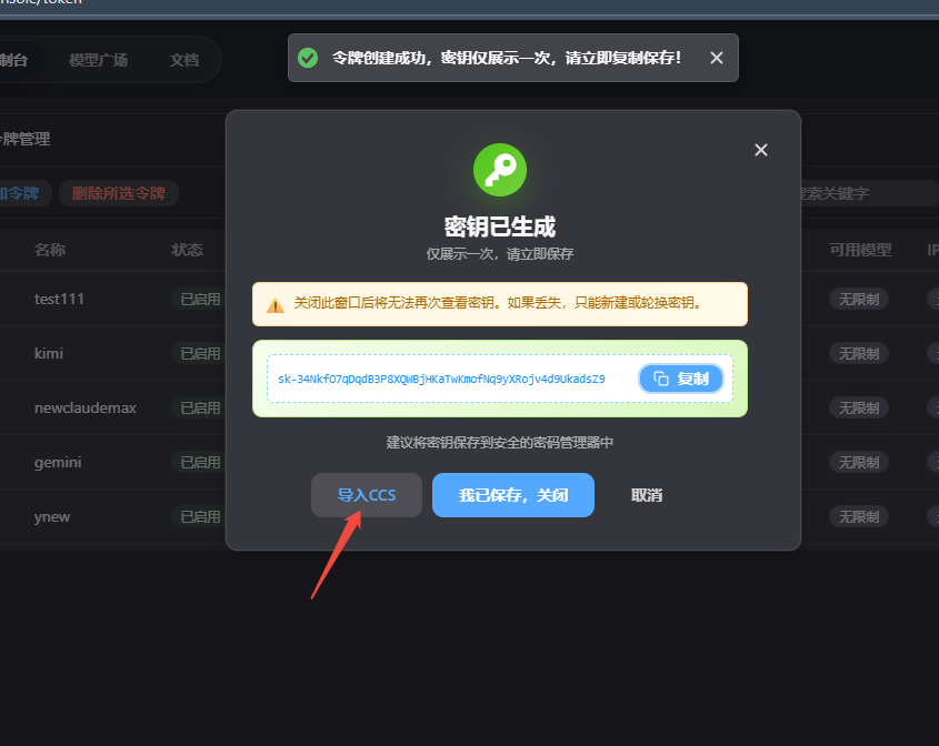 令牌创建成功安装CCSwitch并启动后点击导入CCS